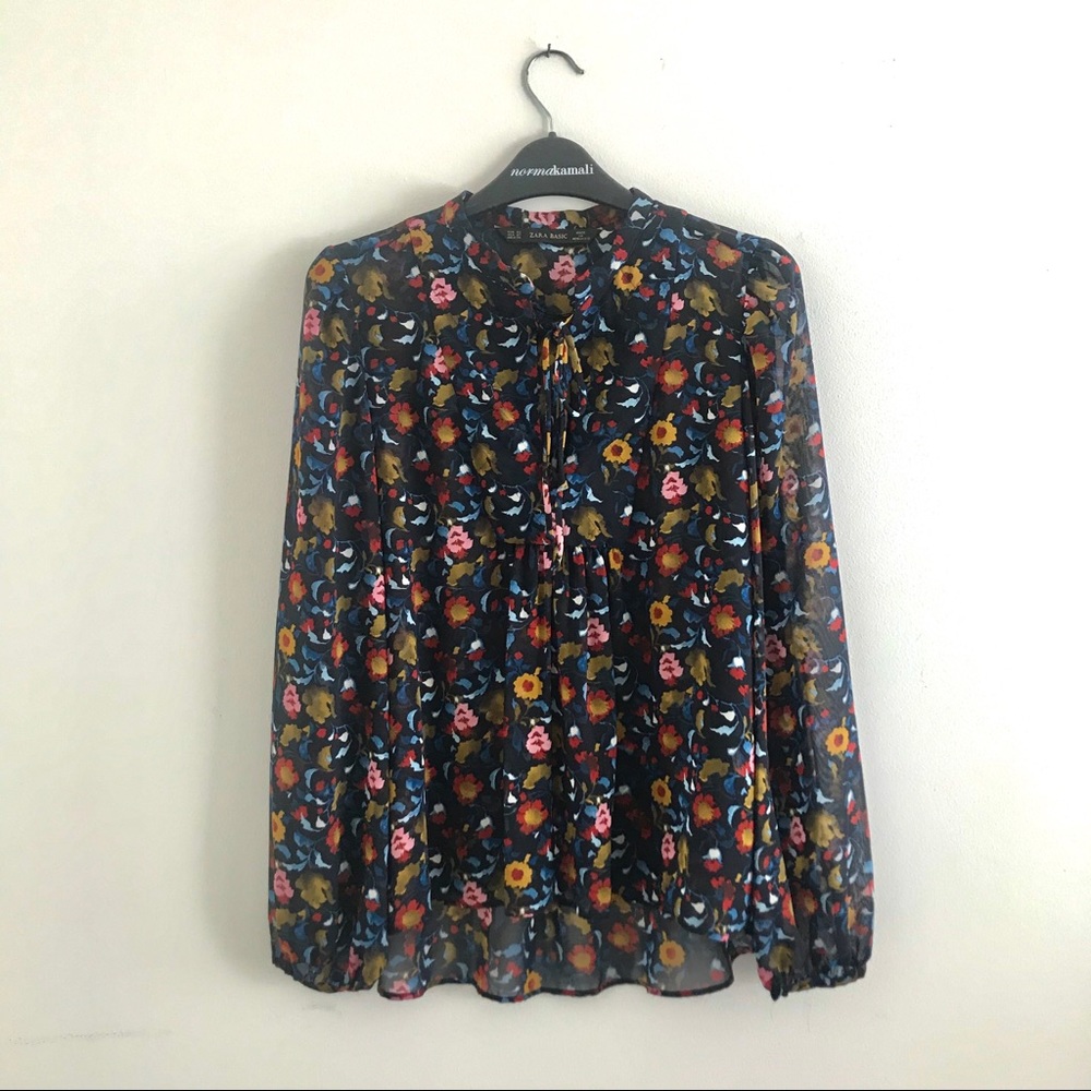 ZARA Basics Sheer Floral Peasant Blouse Black XS